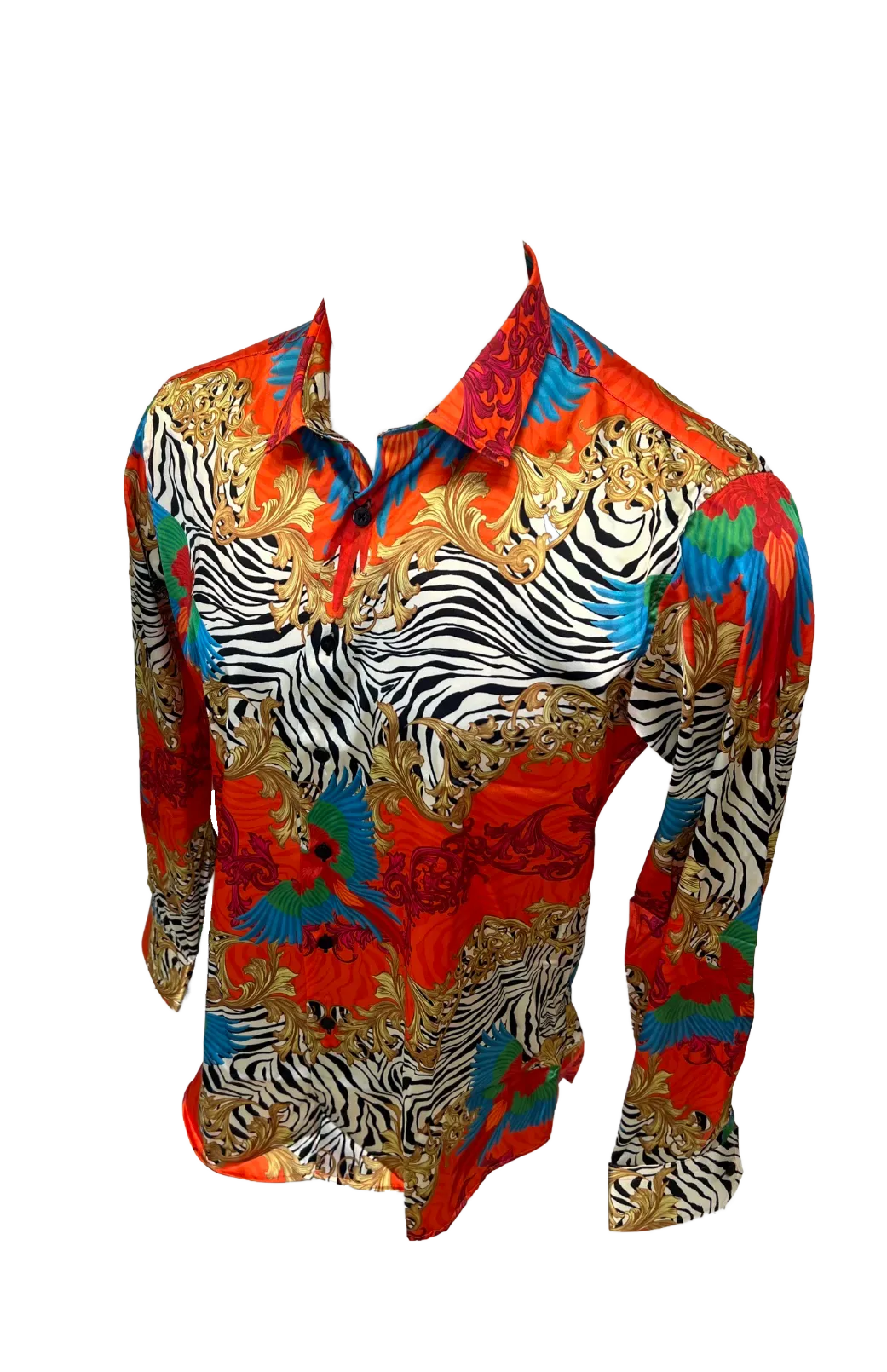 Men's Silky Long Sleeve Button Down Dress Shirt Colorful Zebra Leaf Rose