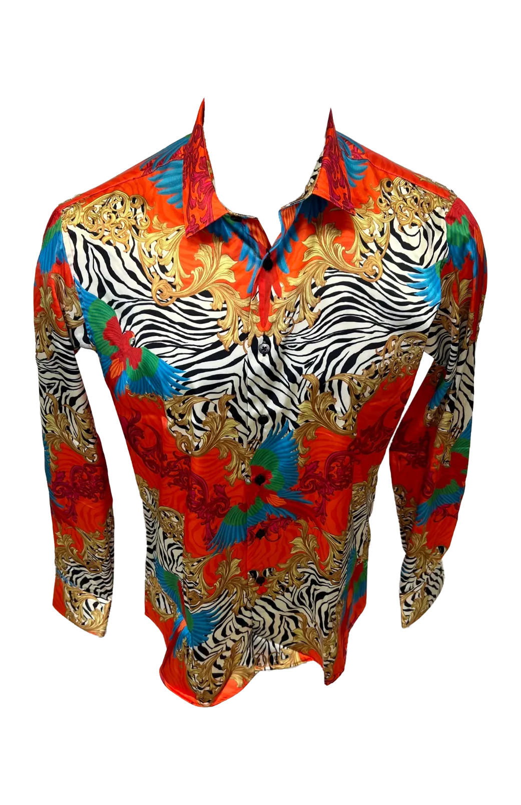 Men's Silky Long Sleeve Button Down Dress Shirt Colorful Zebra Leaf Rose