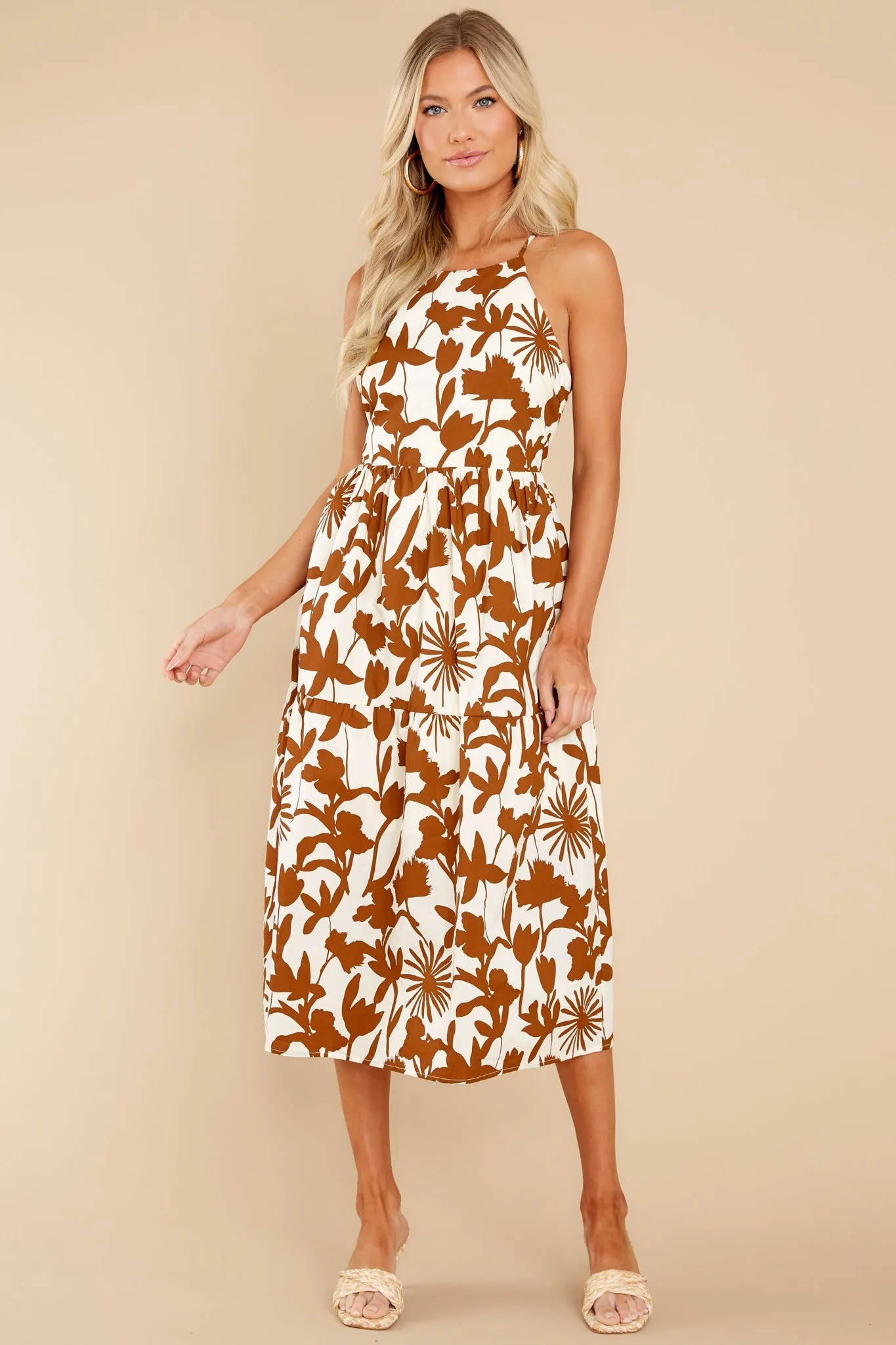 Moonlit Strolls Ivory And Copper Print Cotton Midi Dress