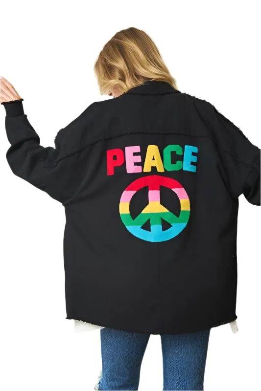 Multi Color Lettering Peace Symbol Button Up Shirt