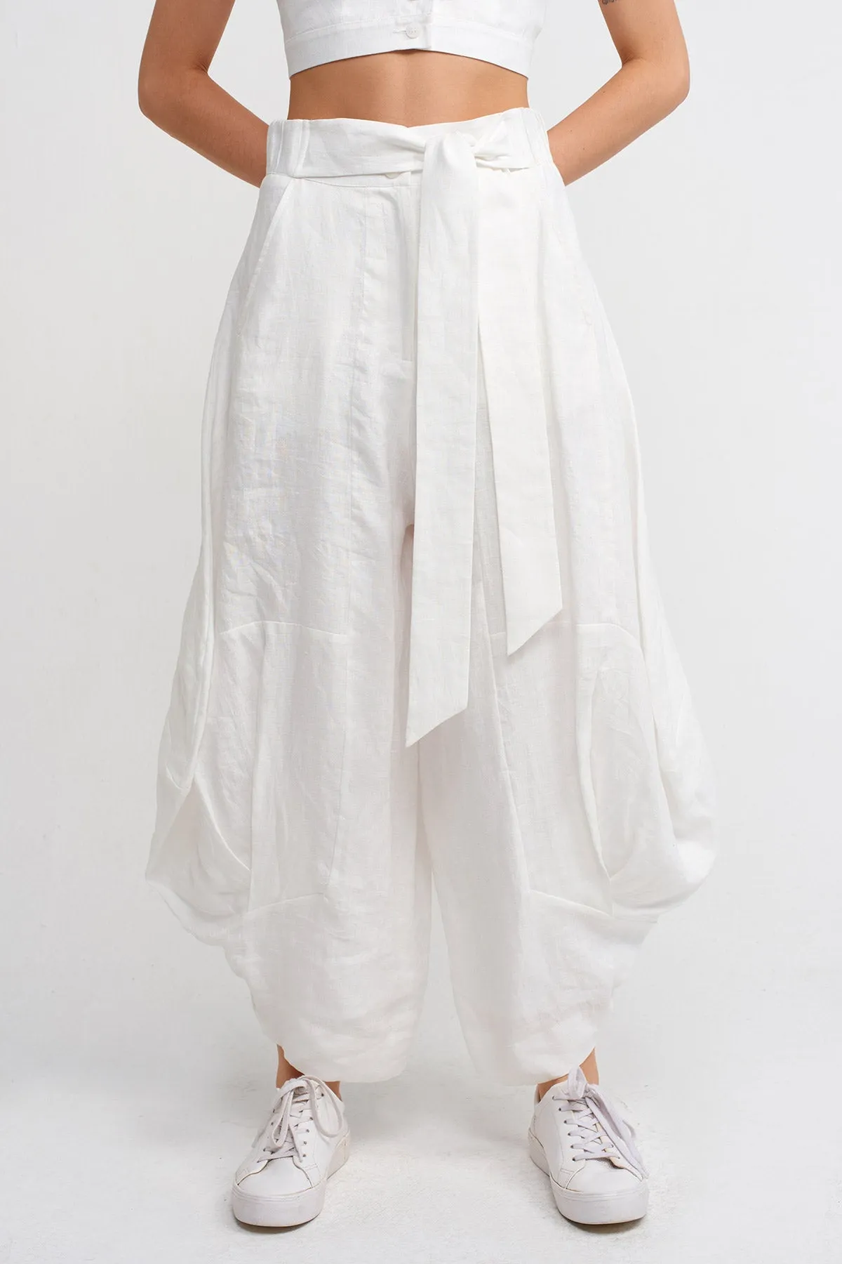 Nu High-Waisted Draped Linen Trousers Off White