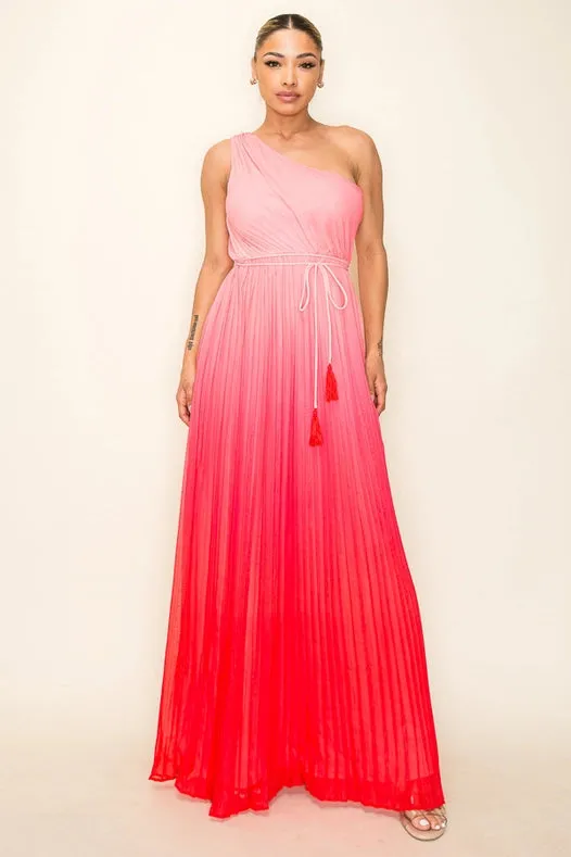 Ombre Chiffon One Shoulder Pleated Maxi Dress Tomato