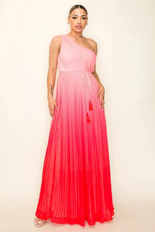 Ombre Chiffon One Shoulder Pleated Maxi Dress Tomato