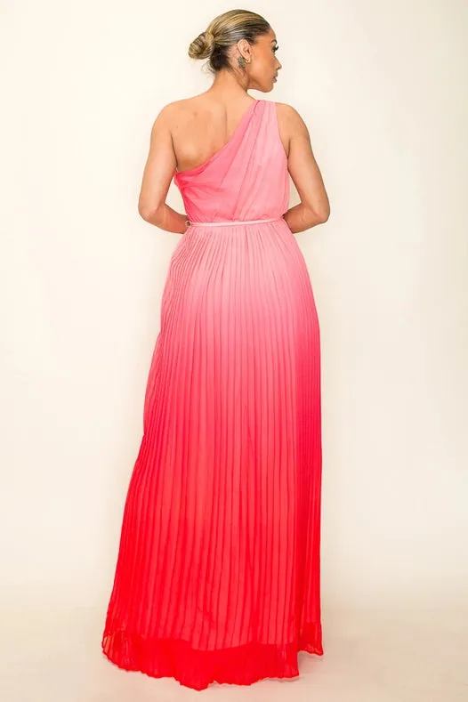 Ombre Chiffon One Shoulder Pleated Maxi Dress Tomato