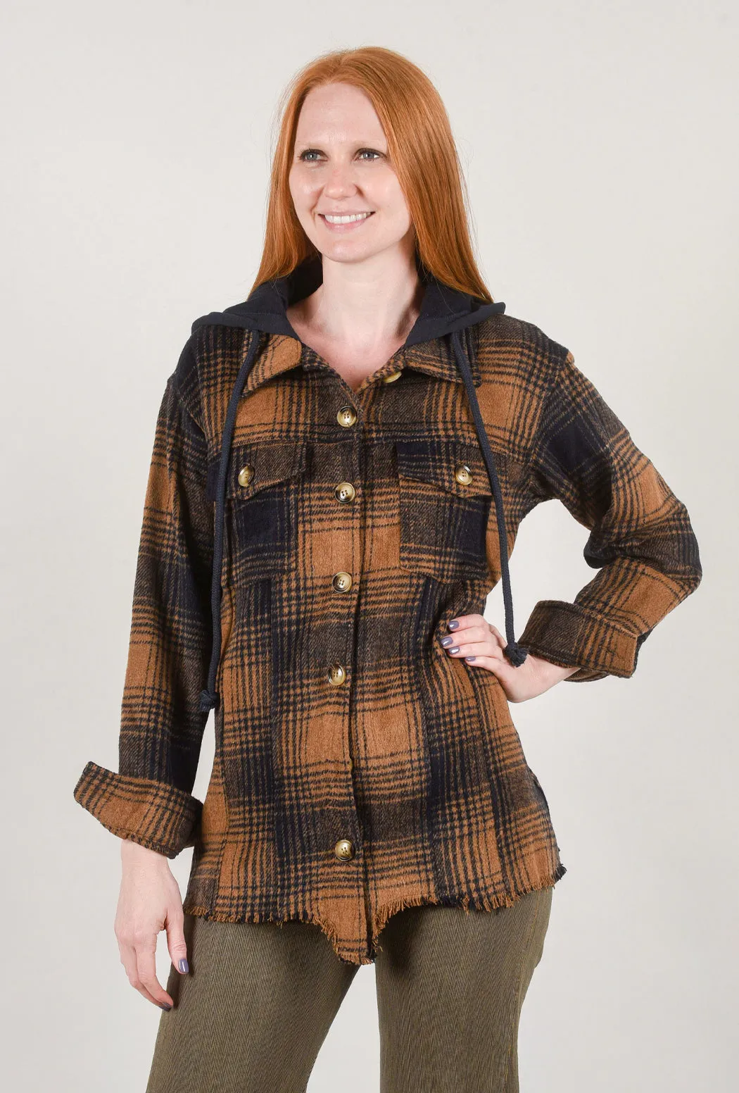 Raw-Hem Hooded Plaid Jacket, Tan