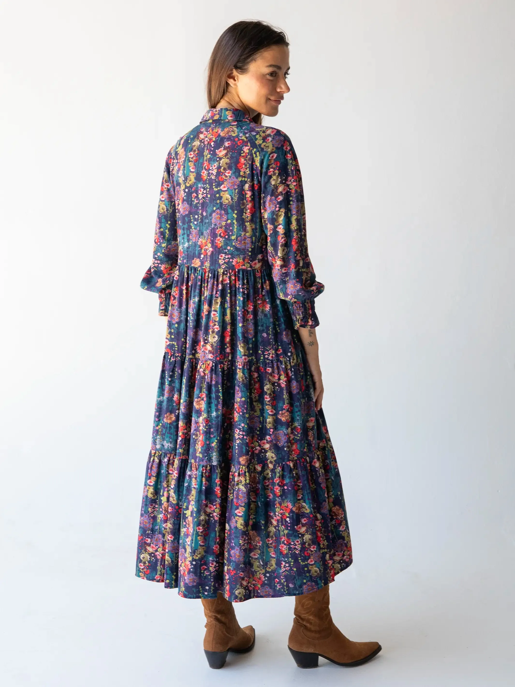 Rebecca Long Sleeve Midi Dress - Watercolor Indigo Floral