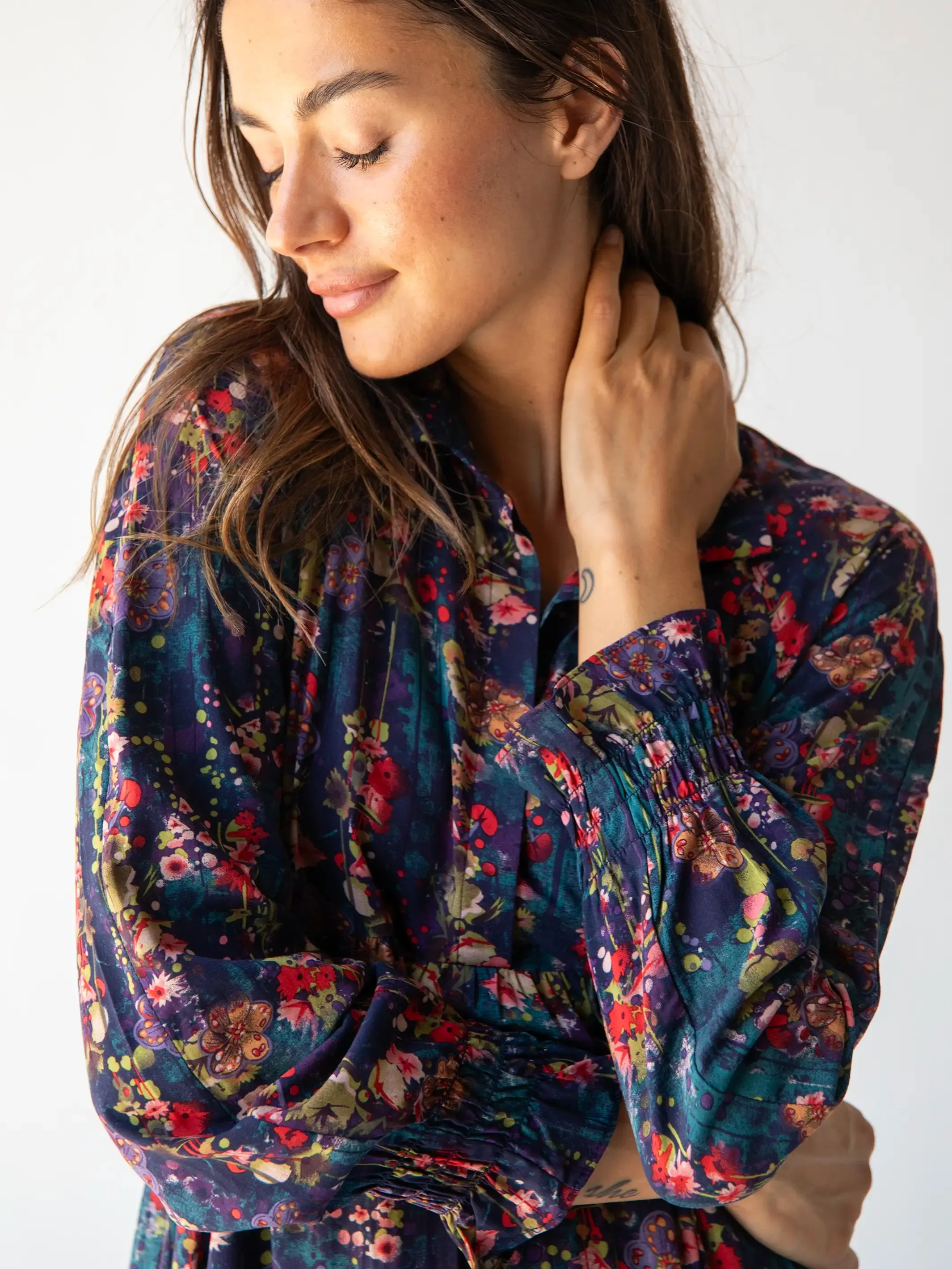 Rebecca Long Sleeve Midi Dress - Watercolor Indigo Floral