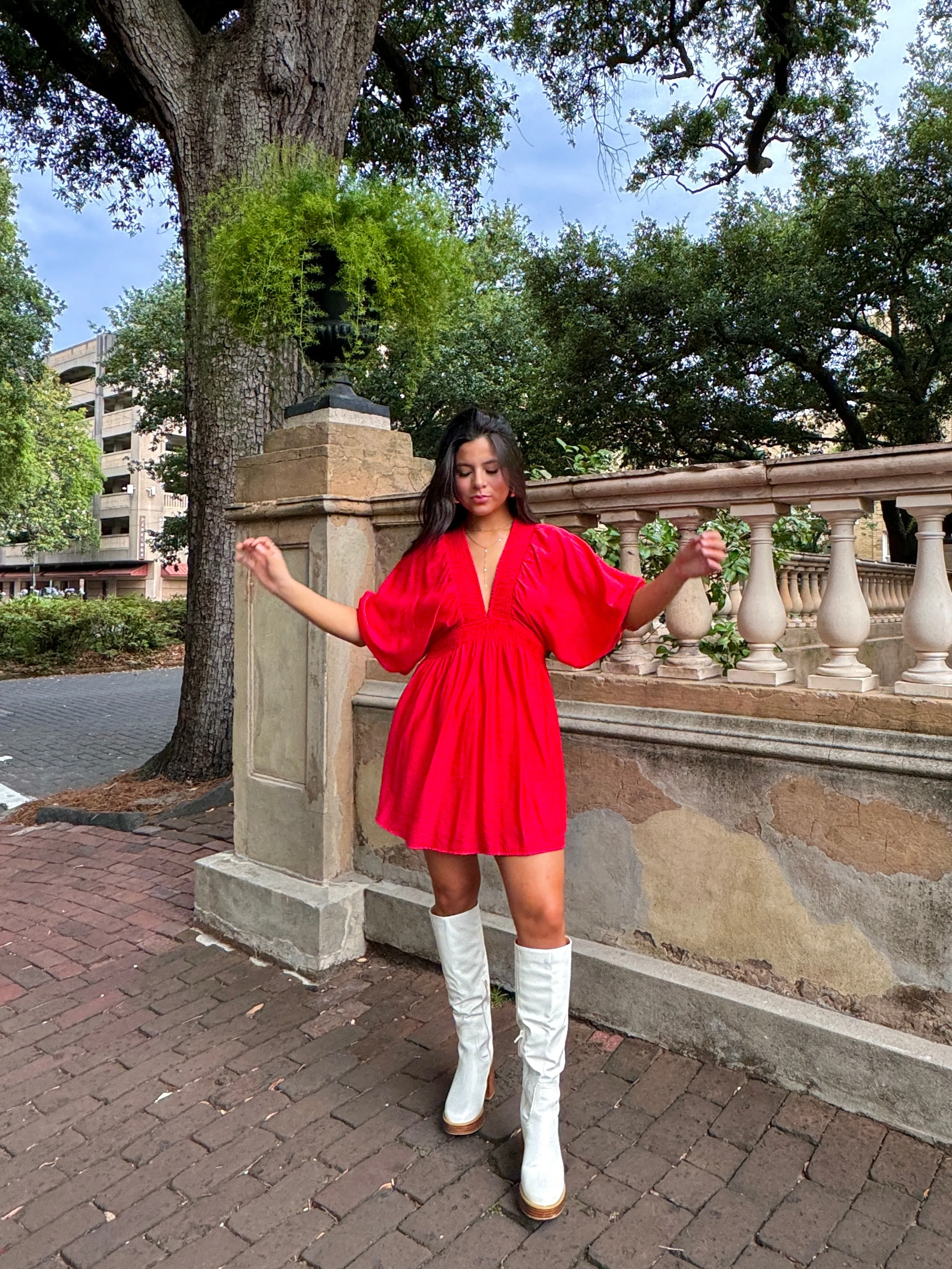 Red Puff Sleeve Flowy Mini Dress