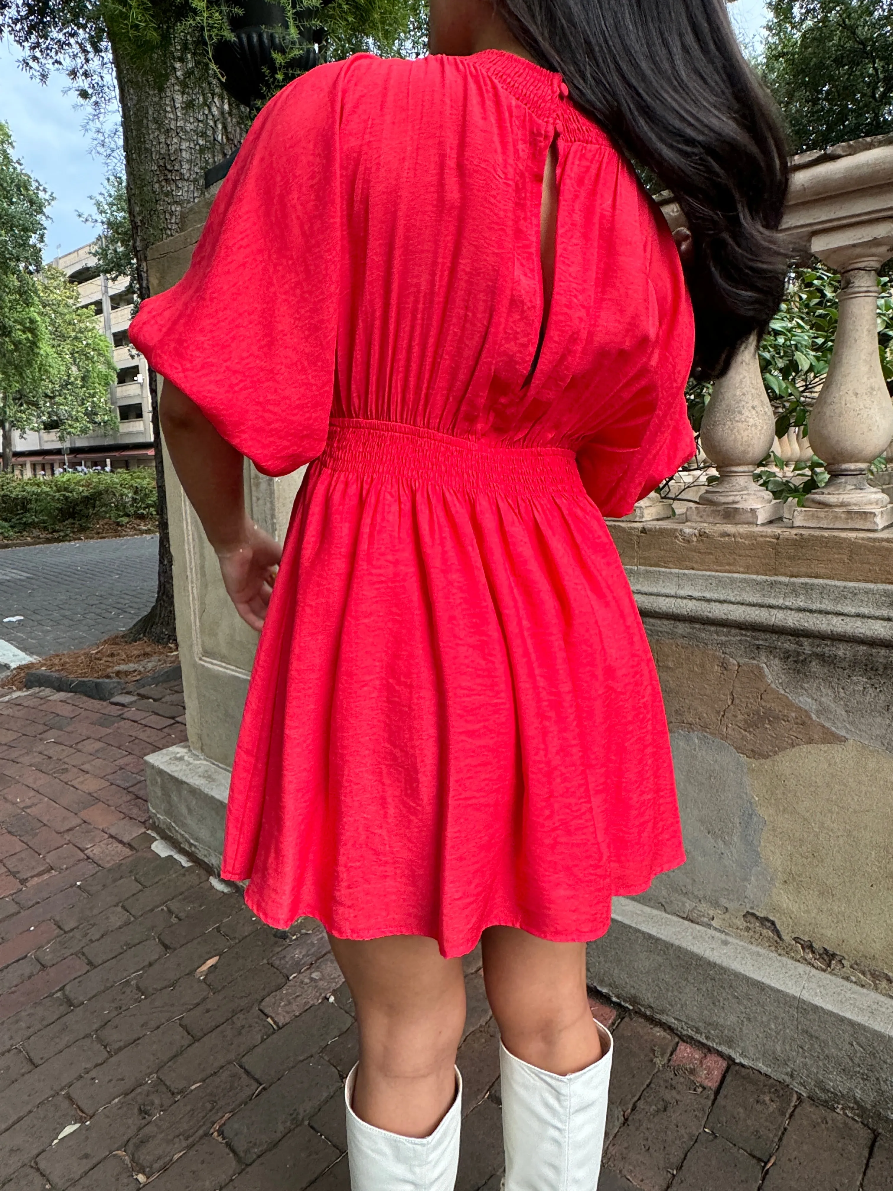 Red Puff Sleeve Flowy Mini Dress