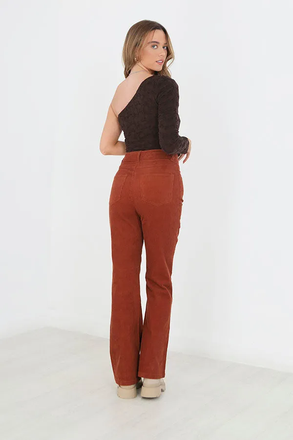 RUST BROWN HIGH WAISTED FLARED CORDUROY TROUSERS