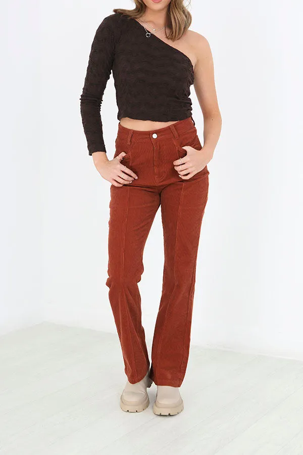 RUST BROWN HIGH WAISTED FLARED CORDUROY TROUSERS