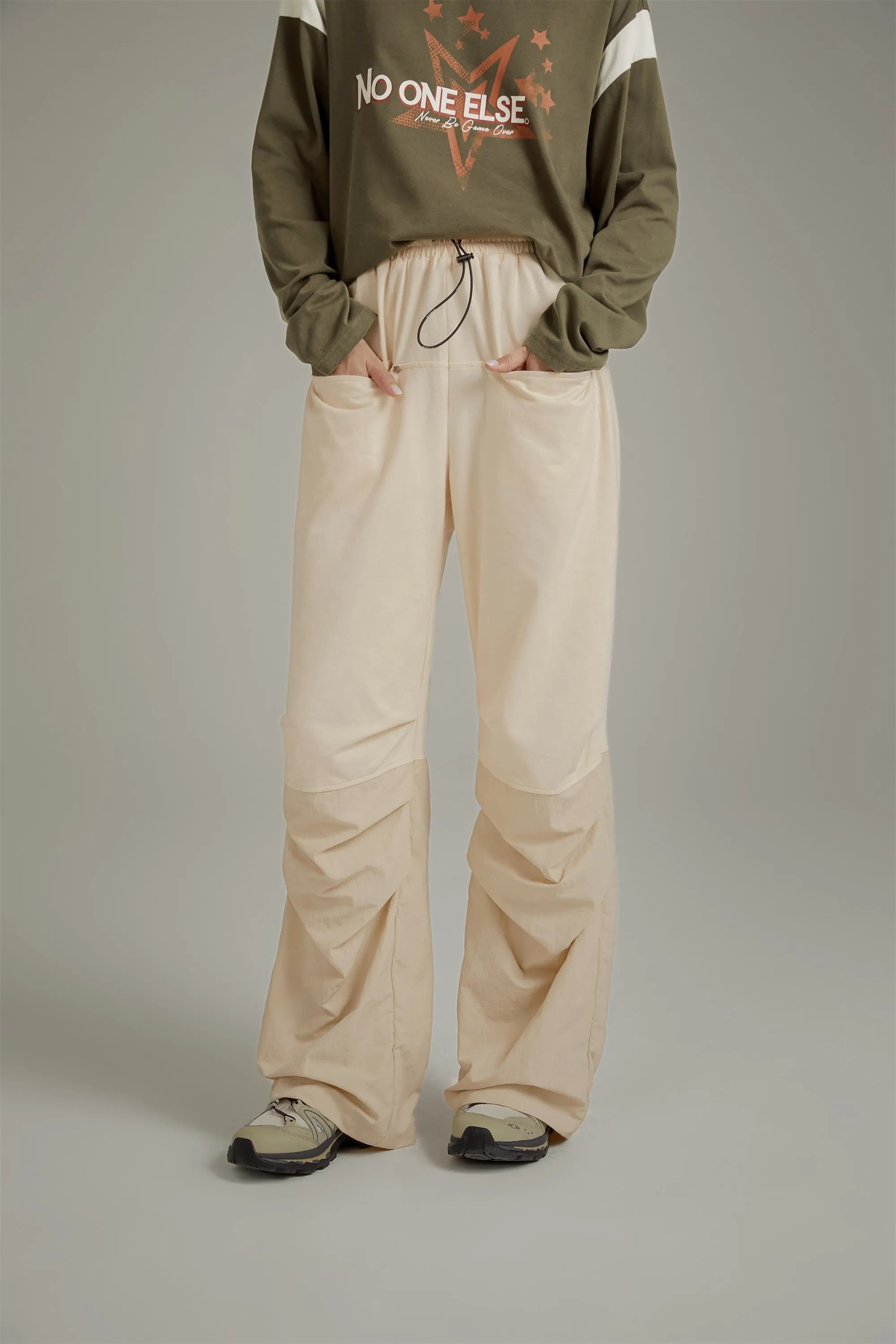 Shirring Drawstring Wide Leg Casual Pants