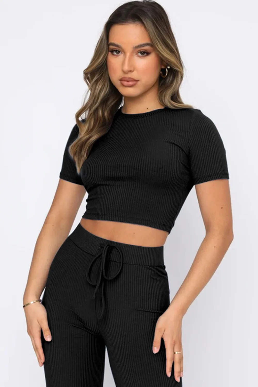 TEEK - Round Neck Short Sleeve Top and Pants Set