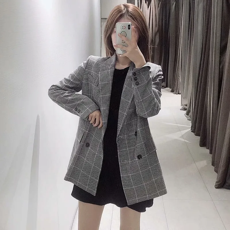 Vintage Lady Plaid Blazers Suit Pockets Long