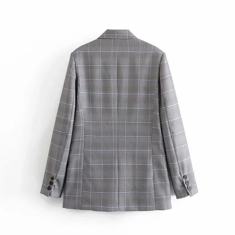 Vintage Lady Plaid Blazers Suit Pockets Long