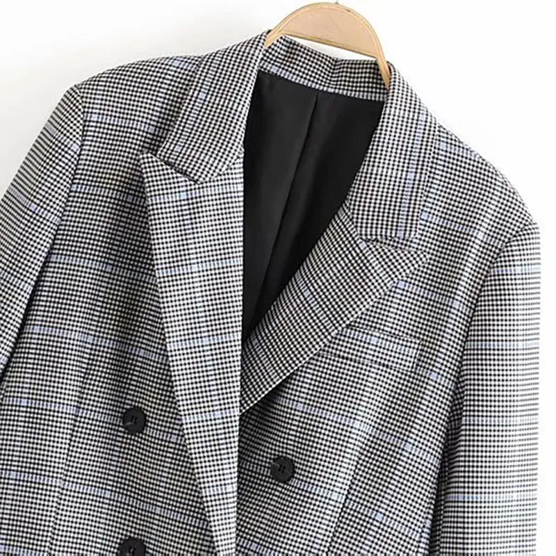 Vintage Lady Plaid Blazers Suit Pockets Long